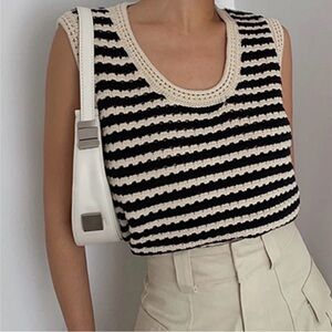 Black and White Striped Crochet Vest Hamptons Yacht Club French Girl Size S